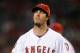 Sep 22, 2012; Anaheim, CA, USA; Los Angeles Angels pitcher Dan Haren (24) reacts after the sixth inning against the Chicago White Sox at the Angel Stadium of Anaheim. Mandatory Credit: Kelvin Kuo-US PRESSWIRE