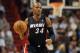 Oct 26, 2012; Miami, FL, USA; Miami Heat shooting guard Ray Allen (34) dribbles during the second half against the New Orleans Hornets at American Airlines Arena. Mandatory Credit: Steve Mitchell-US PRESSWIRE