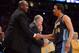 LOS ANGELES, CA - MAY 12: Assistant coach Chuck Person shakes hands with Andre Miller #24 of the Denver Nuggets after Game Seven of the Western Conference Quarterfinals in the 2012 NBA Playoffs on May 12, 2012 at Staples Center in Los Angeles, California. NOTE TO USER: User expressly acknowledges and agrees that, by downloading and or using this photograph, User is consenting to the terms and conditions of the Getty Images License Agreement. (Photo by Harry How/Getty Images)