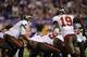 MINNEAPOLIS, MN - OCTOBER 25: Josh Freeman #5 of the Tampa Bay Buccaneers calls a play at the line of scrimmage during the game against the Minnesota Vikings on October 25, 2012 at Mall of America Field at the Hubert H. Humphrey Metrodome in Minneapolis, Minnesota. (Photo by Hannah Foslien/Getty Images)
