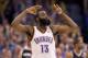 Mar, 16, 2012; Oklahoma City OK, USA; Oklahoma City Thunder guard James Harden (13) celebrates after a three point shot during the fourth quarter against San Antonio Spurs at Chesapeake Energy Arena Mandatory Credit: Richard Rowe-US PRESSWIRE