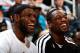 ATLANTA, GA - OCTOBER 07: LeBron James #6 and Dwyane Wade #3 of the Miami Heat enjoy a laugh during the game against the Atlanta Hawks at Philips Arena on October 7, 2012 in Atlanta, Georgia. NOTE TO USER: User expressly acknowledges and agrees that, by downloading and or using this photograph, User is consenting to the terms and conditions of the Getty Images License Agreement. (Photo by Kevin C. Cox/Getty Images)