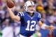 INDIANAPOLIS, IN - OCTOBER 07: Andrew Luck #12 of the Indianapolis Colts throws a pass during the NFL game against the Green Bay Packers at Lucas Oil Stadium on October 7, 2012 in Indianapolis, Indiana. (Photo by Andy Lyons/Getty Images)