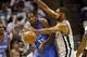 Nov 1, 2012; San Antonio, TX, USA; Oklahoma City Thunder forward Kevin Durant (35) passes the ball against San Antonio Spurs forward Tim Duncan (right) during the second half at the AT&T Center. The Spurs won 86-84. Mandatory Credit: Soobum Im-US PRESSWIRE