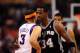 Apr. 13, 2011; Phoenix, AZ, USA; San Antonio Spurs forward (34) Antonio McDyess greets Phoenix Suns forward (3) Jared Dudley at the US Airways Center. Mandatory Credit: Mark J. Rebilas-US PRESSWIRE