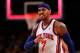 NEW YORK, NY - MAY 06: Carmelo Anthony #7 of the New York Knicks reacts in the second half against the Miami Heat in Game Four of the Eastern Conference Quarterfinals in the 2012 NBA Playoffs on May 6, 2012 at Madison Square Garden in New York City. NOTE TO USER: User expressly acknowledges and agrees that, by downloading and or using this photograph, User is consenting to the terms and conditions of the Getty Images License Agreement (Photo by Jeff Zelevansky/Getty Images)