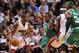 Oct 30, 2012; Miami, FL, USA; Miami Heat point guard Mario Chalmers (15) is pressured by Boston Celtics point guard Rajon Rondo (9) during the first half at American Airlines Arena. Mandatory Credit: Steve Mitchell-US PRESSWIRE