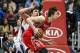 Nov 2, 2012; Atlanta, GA, USA; Houston Rockets center Omer Asik (3) forces his way past Atlanta Hawks power forward Zaza Pachulia (27) in the second half at Philips Arena. The Rockets won 109-102. Mandatory Credit: Daniel Shirey-US PRESSWIRE