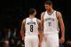 NEW YORK, NY - NOVEMBER 03: Brook Lopez #11 of the Brooklyn Nets speaks with teammate Deron Williams #8 during a game against the Toronto Raptors at the Barclays Center on November 3, 2012 in the Brooklyn borough of New York City. NOTE TO USER: User expressly acknowledges and agrees that, by downloading and/or using this photograph, user is consenting to the terms and conditions of the Getty Images License Agreement. (Photo by Alex Trautwig/Getty Images)