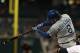 DETROIT, MI - SEPTEMBER 26: Mike Moustakas #8 of the Kansas City Royals drives the ball for a base hit against the Detroit Tigers during a MLB game at Comerica Park on September 26, 2012 in Detroit, Michigan. (Photo by Dave Reginek/Getty Images)