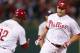 Sep 25, 2012; Philadelphia, PA, USA; Philadelphia Phillies left fielder Darin Ruf (18) celebrates hitting a home run during the second inning against the Washington Nationals at Citizens Bank Park. Mandatory Credit: Howard Smith-US PRESSWIRE