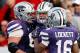 MANHATTAN, KS - OCTOBER 27: Quarterback Collin Klein #7 of the Kansas State Wildcats is congratulated by teammates after running the ball in for a touchdown during the game against the Texas Tech Red Raiders at Bill Snyder Family Football Stadium on October 27, 2012 in Manhattan, Kansas. (Photo by Jamie Squire/Getty Images)