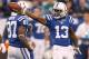 INDIANAPOLIS, IN - NOVEMBER 04: T.Y. Hilton #13 of the Indianapolis Colts celebrates a first quarter first down catch while playing the Miami Dolphins at Lucas Oil Stadium on November 4, 2012 in Indianapolis, Indiana. (Photo by Gregory Shamus/Getty Images)