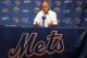 August 22, 2012; New York, NY, USA; New York Mets general manager Sandy Alderson speaks about pitcher Johan Santana (not pictured) during a press conference before a game against the Colorado Rockies at Citi Field. Mandatory Credit: Brad Penner-US PRESSWIRE