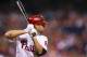 Aug 21, 2012; Philadelphia, PA, USA; Philadelphia Phillies third baseman Kevin Frandsen (28) during an at bat during the eighth inning against the Cincinnati Reds at Citizens Bank Park. The Reds defeated the Phillies 5-4. Mandatory Credit: Howard Smith-US PRESSWIRE