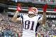 Oct 14, 2012; Seattle, WA, USA; New England Patriots tight end Aaron Hernandez (81) celebrates a touchdown reception against the Seattle Seahawks during the second quarter at CenturyLink Field. Mandatory Credit: Joe Nicholson-US PRESSWIRE