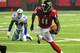 ATLANTA, GA - NOVEMBER 4: Julio Jones #11 of the Atlanta Falcons runs with a catch against DeMarcus Ware #94 of the Dallas Cowboys at the Georgia Dome on November 4, 2012 in Atlanta, Georgia. The Falcons defeated the Cowboys 19-13. (Photo by Scott Cunningham/Getty Images)