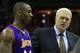 CHARLOTTE, NC - FEBRUARY 14: Head coach Phil Jackson talks to Kobe Bryant #24 of the Los Angeles Lakers during their game against the Charlotte Bobcats at Time Warner Cable Arena on February 14, 2011 in Charlotte, North Carolina. NOTE TO USER: User expressly acknowledges and agrees that, by downloading and/or using this Photograph, User is consenting to the terms and conditions of the Getty Images License Agreement. (Photo by Streeter Lecka/Getty Images)