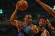 CHICAGO, IL - NOVEMBER 08: Russell Westbrook #0 of the Oklahoma City Thunder passes the ball between Richard Hamilton #32 and Taj Gibson #22 of the Chicago Bulls at the United Center on November 8, 2012 in Chicago, Illinois. The Thunder defeated the Bulls 97-91. NOTE TO USER: User expressly acknowledges and agrees that, by downloading and or using this photograph, User is consenting to the terms and conditions of the Getty Images License Agreement. (Photo by Jonathan Daniel/Getty Images)