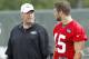 CORTLAND, NY - JULY 27: Tim Tebow #15 of the New York Jets talks with head coach Rex Ryan of the New York Jets at Jets Training Camp at SUNY Cortland on July 27, 2012 in Cortland, New York. (Photo by Jeff Zelevansky/Getty Images)