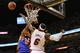 MIAMI, FL - MAY 09: Forward LeBron James #6 of the Miami Heat blocks Guard Landry Fields #2 of the New York Knicks shot attempt in Game Five of the Eastern Conference Quarterfinals in the 2012 NBA Playoffs on May 9, 2012 at the American Airines Arena in Miami, Florida. NOTE TO USER: User expressly acknowledges and agrees that, by downloading and or using this photograph, User is consenting to the terms and conditions of the Getty Images License Agreement. (Photo by Marc Serota/Getty Images)