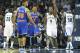 Nov 16, 2012; Memphis, TN, USA; Memphis Grizzlies guard Tony Allen (9) gestures after a defensive play as New York Knicks forwards Rasheed Wallace (36) and Carmelo Anthony (7) look on at the FedEx Forum. Mandatory Credit: Nelson Chenault-US PRESSWIRE