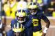 November 17, 2012; Ann Arbor, MI, USA; Michigan Wolverines quarterback Denard Robinson (16) lines up as a running back behind quarterback Devin Gardner (12) against the Iowa Hawkeyes in the third quarter at Michigan Stadium. Michigan won 42-17. Mandatory Credit: Rick Osentoski-US PRESSWIRE
