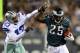 PHILADELPHIA, PA - NOVEMBER 11: Gerald Sensabaugh #43 of the Dallas Cowboys shoves LeSean McCoy #25 of the Philadelphia Eagles out of bounds on November 11, 2012 at Lincoln Financial Field in Philadelphia, Pennsylvania.The Dallas Cowboys defeated the Philadelphia Eagles 38-23. (Photo by Elsa/Getty Images)