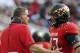 October 27, 2012; Boston, MA USA; Maryland Terrapins head coach Randy Edsall talks with linebacker Cole Farrand (47) during the second half against the Boston College Eagles at Alumni Stadium. Mandatory Credit: Bob DeChiara-US PRESSWIRE