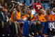 Nov 05, 2012; Philadelphia, PA, USA; New York Knicks forward Carmelo Anthony (7) (grey top and sweat band) has a laugh with teammates on the bench during the fourth quarter against the Philadelphia 76ers at the Wachovia Center. The Knicks defeated the Sixers 110-88. Mandatory Credit: Howard Smith-US PRESSWIRE