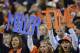 Nov 18 2012; Denver, CO, USA; Denver Broncos fans cheer for outside linebacker Von Miller (58) (not pictured) during the third quarter of the game against the San Diego Chargers at Sports Authority Field. Mandatory Credit: Ron Chenoy-US PRESSWIRE