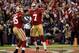 November 19, 2012; San Francisco, CA, USA; San Francisco 49ers tight end Vernon Davis (85) is congratulated by quarterback Colin Kaepernick (7) after catching a touchdown pass against the Chicago Bears in the first quarter at Candlestick Park. Mandatory Credit: Cary Edmondson-US PRESSWIRE