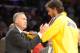 Nov 20, 2012; Los Angeles, CA, USA; Los Angeles Lakers coach Mike D'Antoni (left) and forward Pau Gasol during the game against the Brooklyn Nets at the Staples Center. Mandatory Credit: Kirby Lee/Image of Sport-US PRESSWIRE