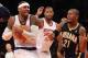 NEW YORK, NY - NOVEMBER 18: Carmelo Anthony #7 of the New York Knicks wrestles the ball away from David West #21 of the Indiana Pacers in the fourth quarter at Madison Square Garden on November 18, 2012 in New York City. NOTE TO USER: User expressly acknowledges and agrees that, by downloading and/or using this photograph, user is consenting to the terms and conditions of the Getty Images License Agreement. The Knicks defeated the Pacers 88-76. (Photo by Bruce Bennett/Getty Images)