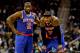 November 20, 2012; New Orleans, LA, USA; New York Knicks small forward Carmelo Anthony (7) reacts with point guard Raymond Felton (2) during the first half of a game at the New Orleans Arena. Mandatory Credit: Derick E. Hingle-US PRESSWIRE