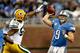 DETROIT, MI - NOVEMBER 18: Quarterback Matthew Stafford #12 of the Detroit throws under pressur by Brad Jones #59 of the Green Bay Packers at Ford Field on November 18, 2012 in Detroit, Michigan. (Photo by Matthew Stockman/Getty Images)