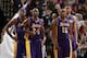 SACRAMENTO, CA - NOVEMBER 21: Dwight Howard #12, Kobe Bryant #24, Metta World Peace #15, and Pau Gasol #16 of the Los Angeles Lakers stand together during a time out during their loss against the Sacramento Kings at Power Balance Pavilion on November 21, 2012 in Sacramento, California. NOTE TO USER: User expressly acknowledges and agrees that, by downloading and or using this photograph, User is consenting to the terms and conditions of the Getty Images License Agreement. (Photo by Ezra Shaw/Getty Images)