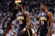 May 22, 2012; Miami, FL, USA; Indiana Pacers center Roy Hibbert (55) and guard Paul George (24) reacts during a time-out in the first quarter against the Miami Heat during game 5 of the 2012 NBA eastern conference semi-finals at the American Airlines Arena. Mandatory Credit: Steve Mitchell-US PRESS WIRE