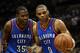 SAN ANTONIO, TX - JUNE 04: Kevin Durant #35 of the Oklahoma City Thunder talks with Russell Westbrook #0 against the San Antonio Spurs in Game Five of the Western Conference Finals of the 2012 NBA Playoffs at AT&T Center on June 4, 2012 in San Antonio, Texas. NOTE TO USER: User expressly acknowledges and agrees that, by downloading and or using this photograph, user is consenting to the terms and conditions of the Getty Images License Agreement. (Photo by Ronald Martinez/Getty Images)