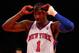 NEW YORK, NY - MAY 06: Amare Stoudemire #1 of the New York Knicks adjusts his glasses against the Miami Heat in Game Four of the Eastern Conference Quarterfinals in the 2012 NBA Playoffs on May 6, 2012 at Madison Square Garden in New York City. NOTE TO USER: User expressly acknowledges and agrees that, by downloading and or using this photograph, User is consenting to the terms and conditions of the Getty Images License Agreement (Photo by Jeff Zelevansky/Getty Images)