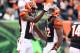 AJ Green congratulates Mohamed Sanu in the endzone.