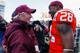 BLACKSBURG, VA - NOVEMBER 24: Head coach Frank Beamer (l) of the Virginia Tech Hokies celebrates with linebacker Alonzo Tweedy #28 of the Hokies after the Hokies' game against the Virginia Cavaliers at Lane Stadium on November 24, 2012 in Blacksburg, Virginia. (Photo by Geoff Burke/Getty Images)