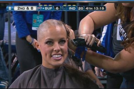 NFL cheerleaders shave heads to support coach