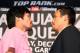BEVERLY HILLS, CA - SEPTEMBER 17: (L-R) Manny Pacquiao and Juan Manuel Marquez stand face-to-face onstage in front of the media cameras during the Manny Pacquiao v Juan Manuel Marquez - Press Conference at Beverly Hills Hotel on September 17, 2012 in Beverly Hills, California. (Photo by Victor Decolongon/Getty Images)