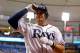 ST. PETERSBURG - OCTOBER 03: Infielder Evan Longoria #3 of the Tampa Bay Rays tips his cap after his second home run of the night against the Baltimore Orioles during the game at Tropicana Field on October 3, 2012 in St. Petersburg, Florida. (Photo by J. Meric/Getty Images)
