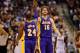 Nov 24, 2012; Dallas, TX, USA; Los Angeles Lakers shooting guard Kobe Bryant (24) and power forward Pau Gasol (16) celebrate during the first half against the Dallas Mavericks at the American Airlines Center. Mandatory Credit: Jerome Miron-US PRESSWIRE