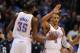 Nov 26, 2012; Oklahoma City, OK, USA; Oklahoma City Thunder guard Russelll Westbrook (0) is congratulated by Thunder forward Kevin Durant (35) after a play against the Charlotte Bobcats during the second half at Chesapeake Energy Arena. Mandatory Credit: Mark D. Smith-US PRESSWIRE