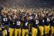 Oct. 20, 2012; South Bend, IN, USA; The Notre Dame Fighting Irish celebrate after defeating the BYU Cougars 17-14 at Notre Dame Stadium. Mandatory Credit: Matt Cashore-US PRESSWIRE