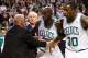 BOSTON, MA - NOVEMBER 28: Kevin Garnett #5 and Brandon Bass #30 of the Boston Celtics are held back by coaches during a fight with members of the Brooklyn Nets during the game on November 28, 2012 at TD Garden in Boston, Massachusetts. NOTE TO USER: User expressly acknowledges and agrees that, by downloading and or using this photograph, User is consenting to the terms and conditions of the Getty Images License Agreement. (Photo by Jared Wickerham/Getty Images)