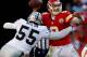 KANSAS CITY, MO - OCTOBER 28: Quarterback Brady Quinn #9 of the Kansas City Chiefs is sacked by middle linebacker Rolando McClain #55 of the Oakland Raiders during the game at Arrowhead Stadium on October 28, 2012 in Kansas City, Missouri. (Photo by Jamie Squire/Getty Images)